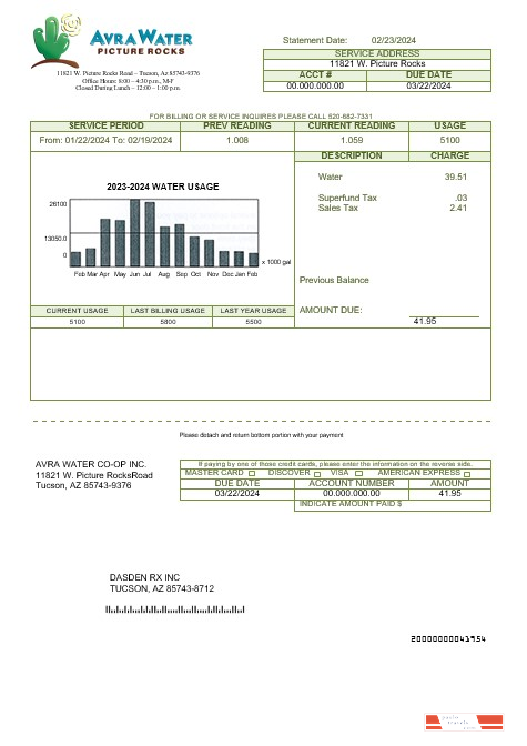 USA Arizona Avra Water business utility bill template in Word and PDF formats